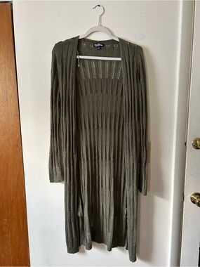 Freshman Olive Green Open-Front Long Knit Cardigan